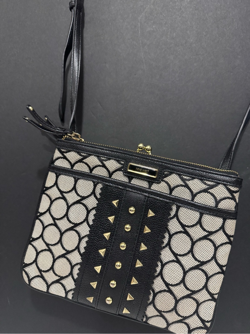 Nine West Black & Cream Studded Pattern Crossbody Bag